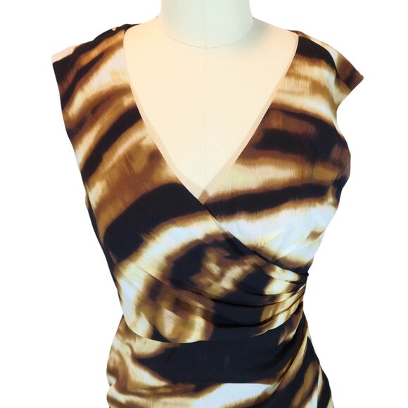 ANN TAYLOR Abstract Print Ruched 100% Silk Sheath Dress Size 0 Brown Black - Picture 4 of 10